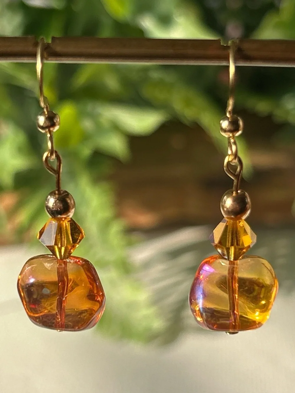 Amber Glass-like Drop Earrings with Gold Accents